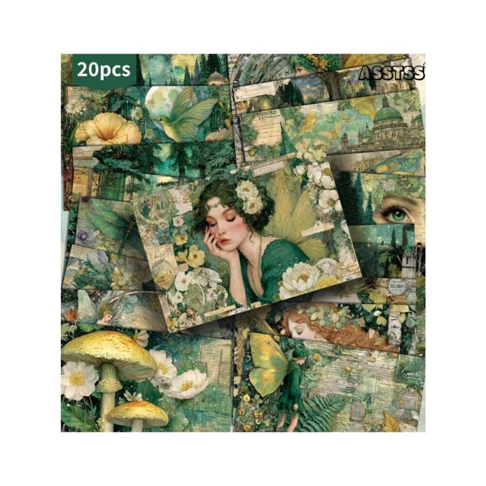 NWT 4x6 Fairycore Goblincore Elf Green Magic Vintage Junk Journal Paper 20 Pack